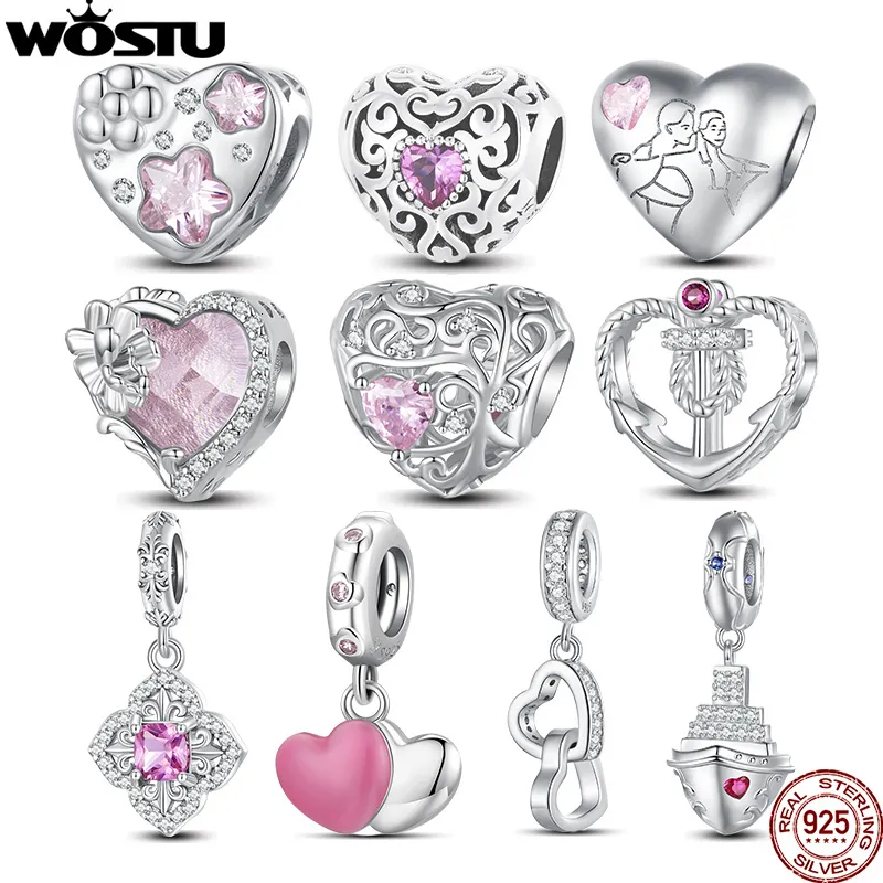 Charms WOSTU 925 Sterling Silver Pink Crystal Heart Charms Beads Zircon Pendant Fit Original Bracelet Necklace DIY Valentine Gift 230518