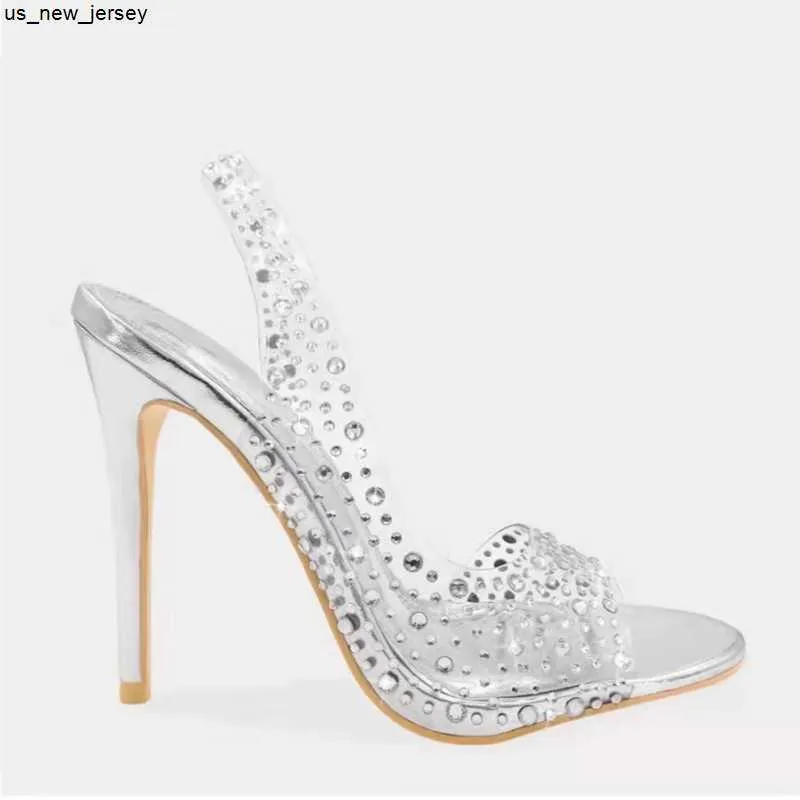 Sandaler Summer Fashion Rhinestone PVC Clear Heels Stilettos Sandaler Damer Point Toe Party Silver Wedding Shoes Gold Slip-On Sandaler J230518