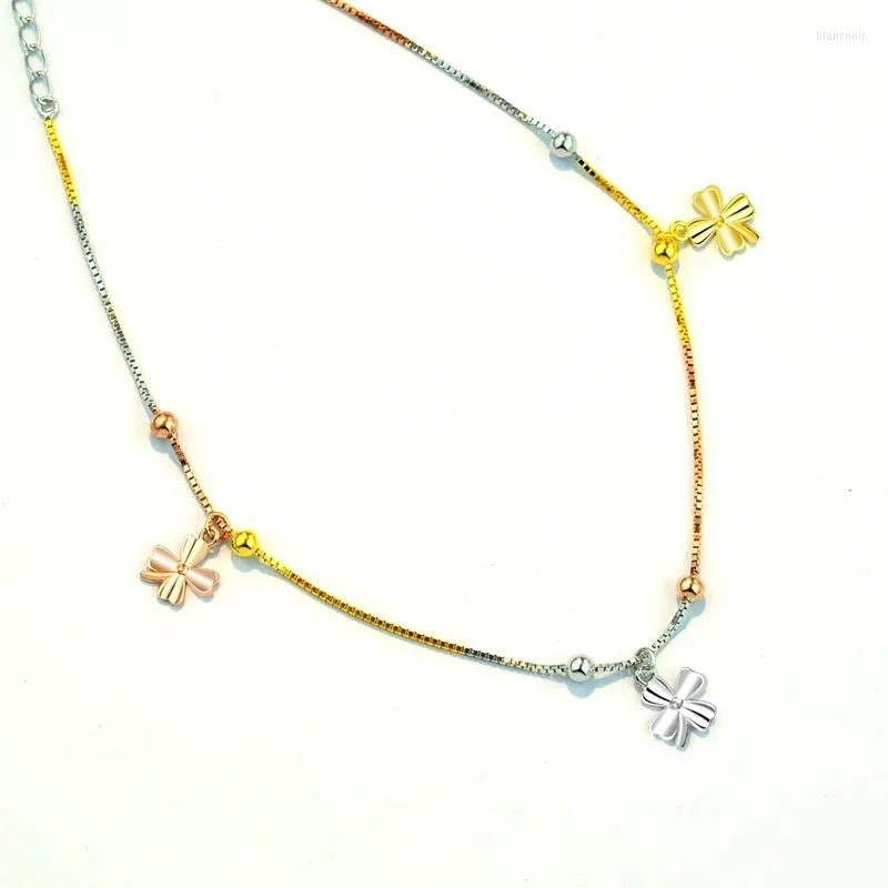 Anklets S925 Colored Gold-Plated Sterling Silver Clover Tassel Anklet Graceful And Fashionable High-Grade Color Foot Ornaments 20