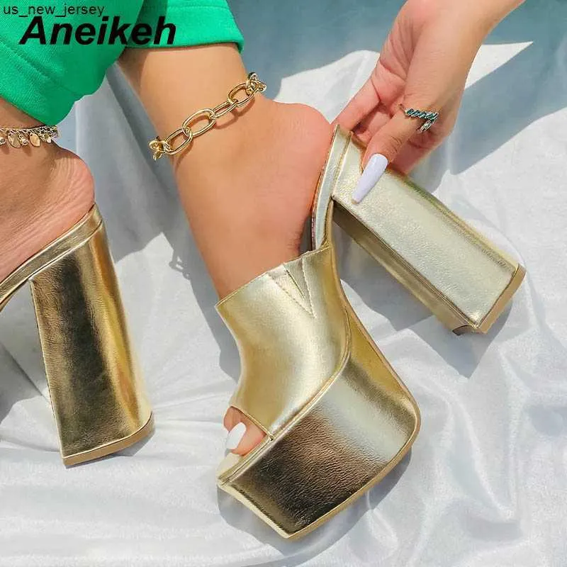 Sandalias Aneikeh 2023 nueva moda plataforma de punta abierta tacón alto mujer verano Slip-On zapatillas al aire libre sandalias tamaño 35-42 plata oro J230518