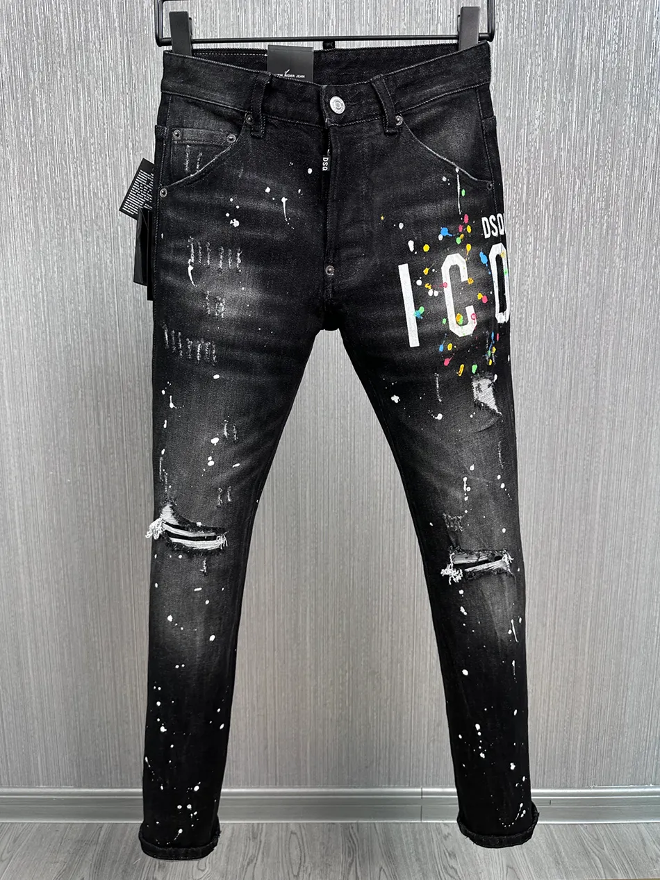 Jeans masculinos Mens Dsquare Dsq2 Preto Hip Hop Rock Moto Coolguy Jeans Design Rasgado Angustiado Denim Biker Dsq para Homens 881 Designer D2 Calças Bordadas