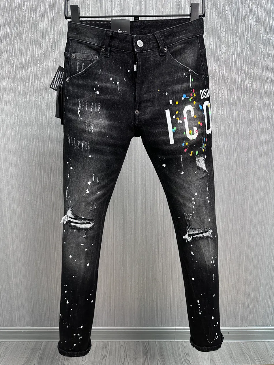 Jeans Dsquared da uomo DSQ2 Nero Hip Hop Rock Moto COOLGUY JEANS Design Strappato Denim Distressed Biker DSQ per Uomo 881 Designer D2 Pantaloni Ricamati