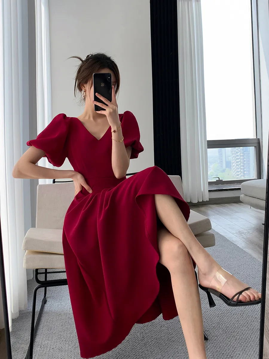 Red summer dress with sleeves hot sale