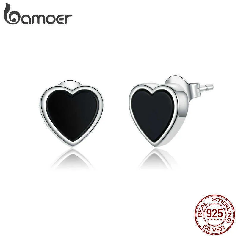 Stud Bamoer echt 925 Sterling Silver Black Agate Heart Stud -oorbellen voor vrouwen en mannen Punk Jewelry 2020 Brincos SCE915 Z0517