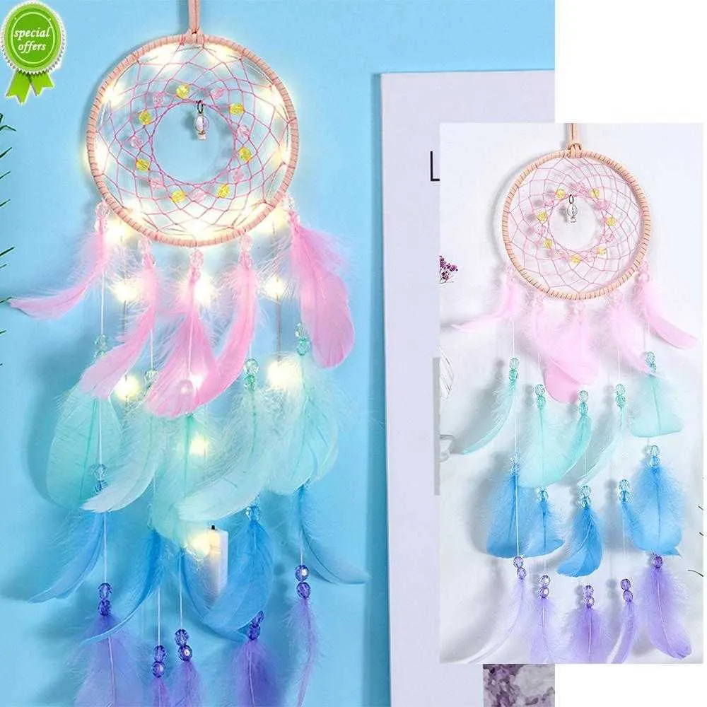 NY DUBBLE CIRCLE VIT FEATERA DREAM CATCHER MED LED Fairy Light Wall Hanging Decoration For Bedroom Tält Tak Bröllopsdekor