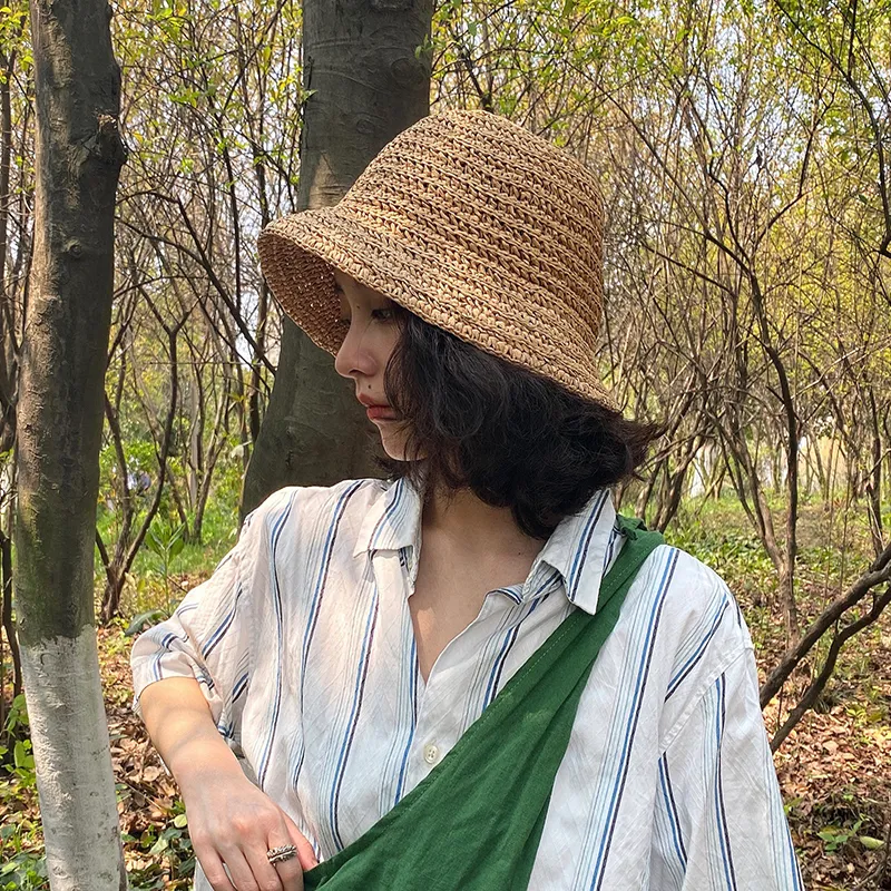 Wide Brim Hats Bucket Japanese Foldable Handwoven Straw Hat Ladies