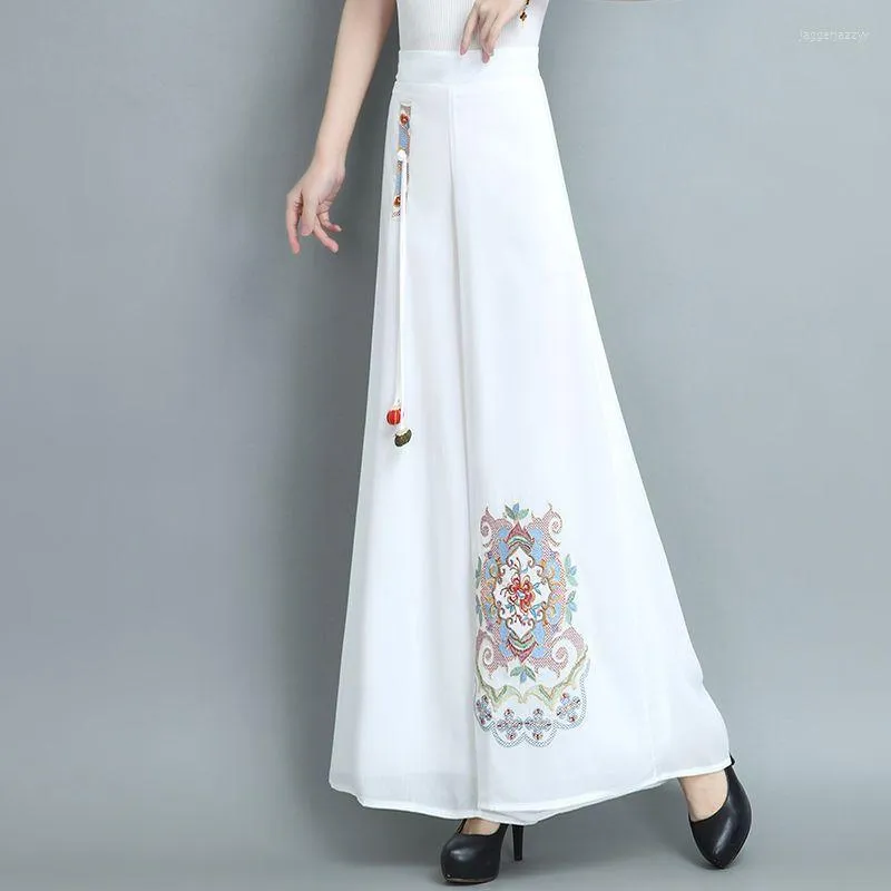 Etniska kläder 2023 Chiffon Wide Leg Pants Style Elegant kjol Kvinnor Spring och Summer Lady High midja Casual Floral Long