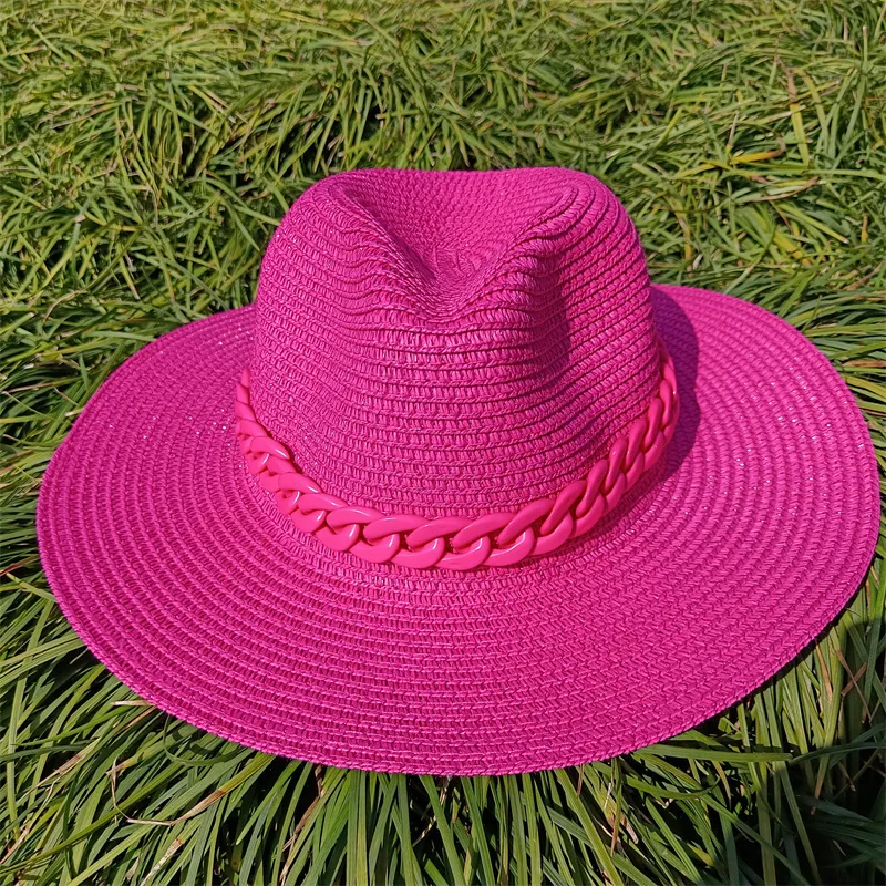 Chapeaux à large bord seau chapeau d'été réglable paille de jazz pour hommes et femmes Fedora soleil plage rose 230517