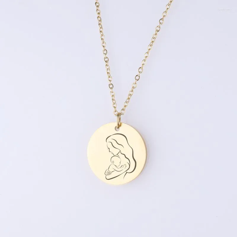 Pendant Necklaces Stainless Steel Mother Baby Hug Round Collar Necklace For Women Metal Coin Charms Mother's Day Gift