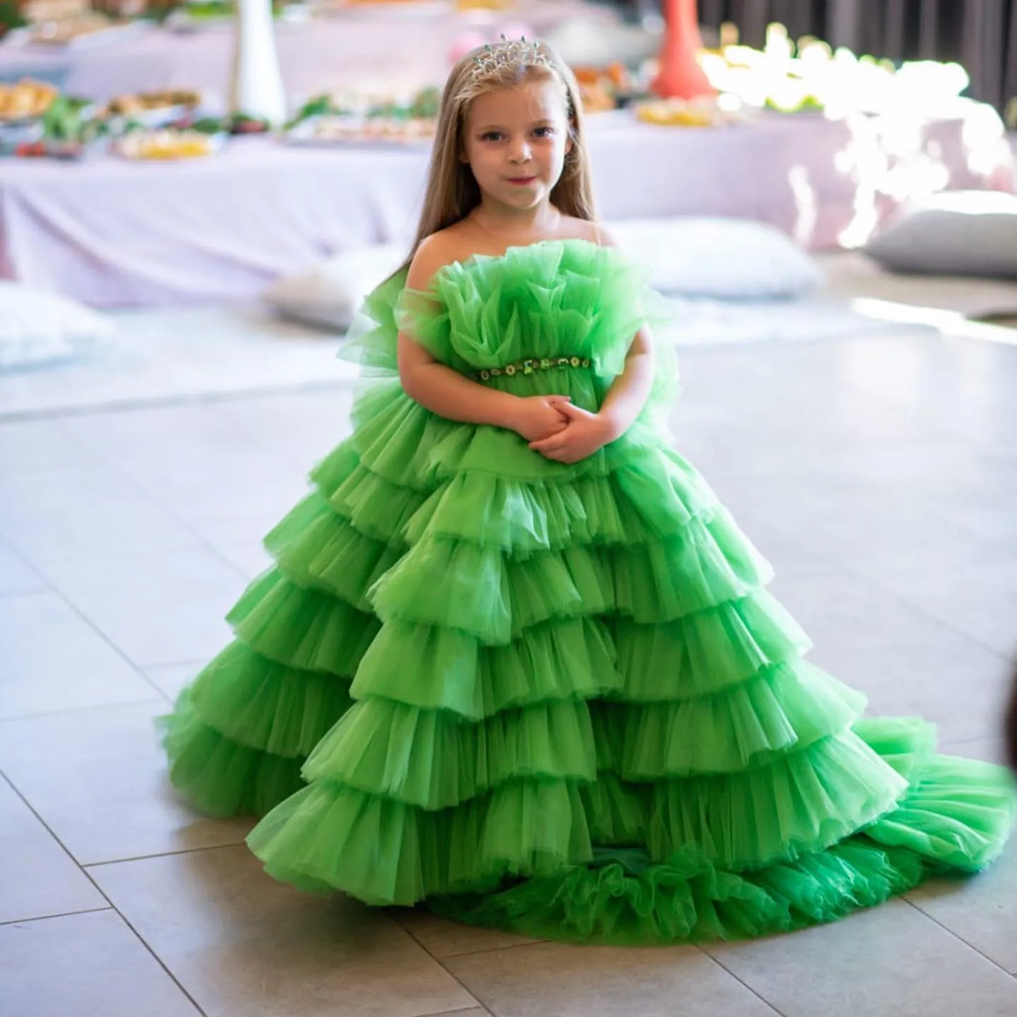 Light Green Flower Girl Dresses For Party Extra Puffy Beaded Kids Litter Girls Pageant Birthday Gowns Photoshoot