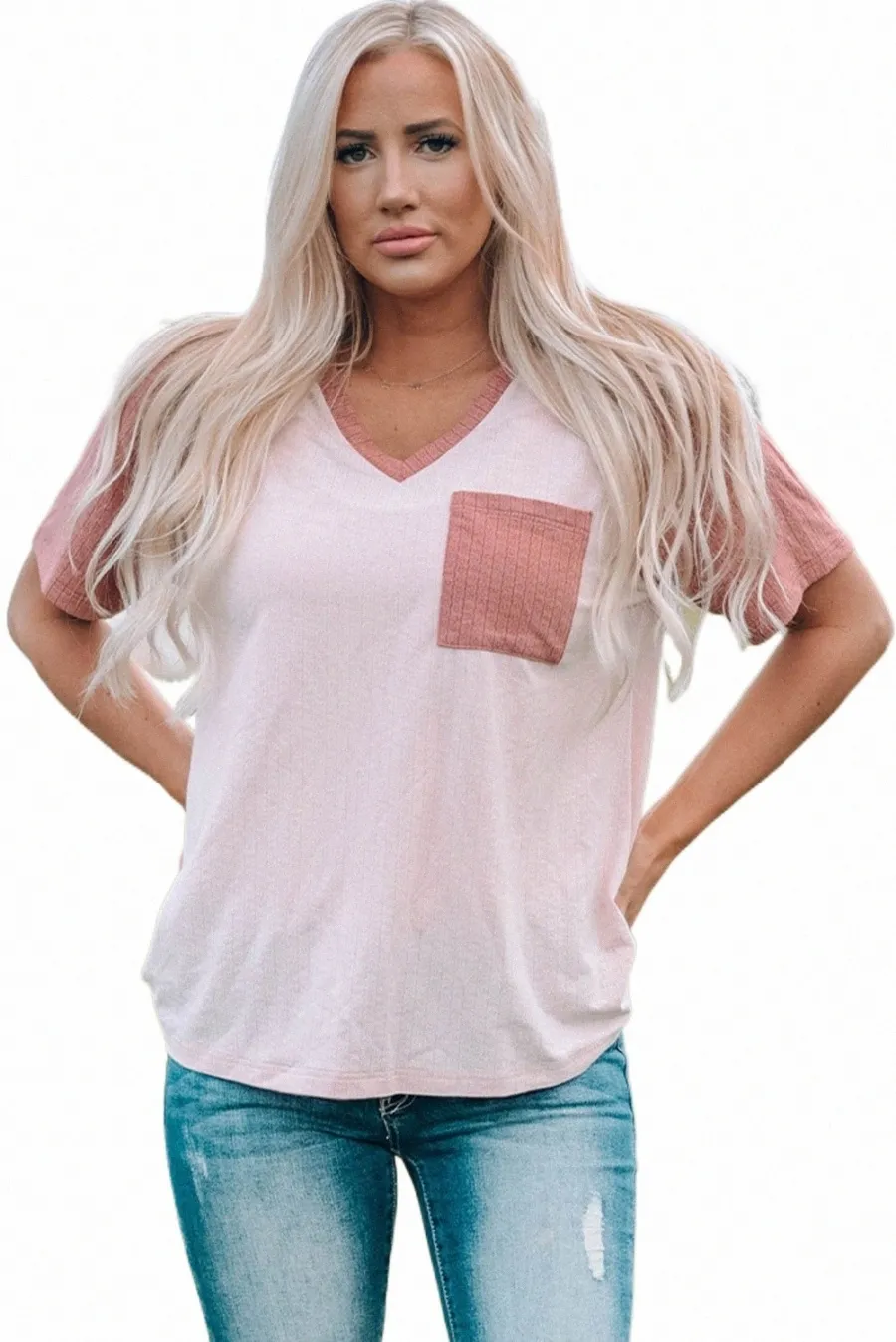 pink Colorblock V Neck T Shirt with Pocket 2023 Hot New B4Pa#