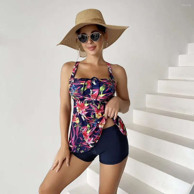 Dames zwemkleding plus maat twee delige zwempak vrouwen tankini print bloemen ruches bikini push omhoog bescheiden buikbesturing badpak shorts