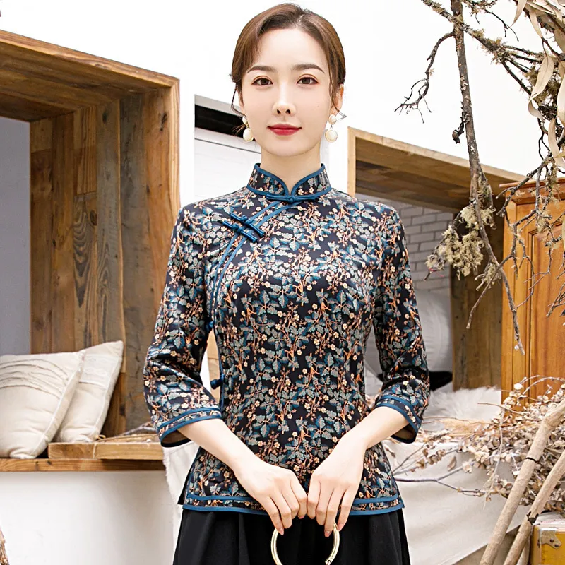 Women's Blouses Shirts Oriental Style Women Shirt Traditional Chinese Blouse Cheongsam Lady Clothing Qipao Dress Mandarin Collar Gown Vestido M4XL 230517