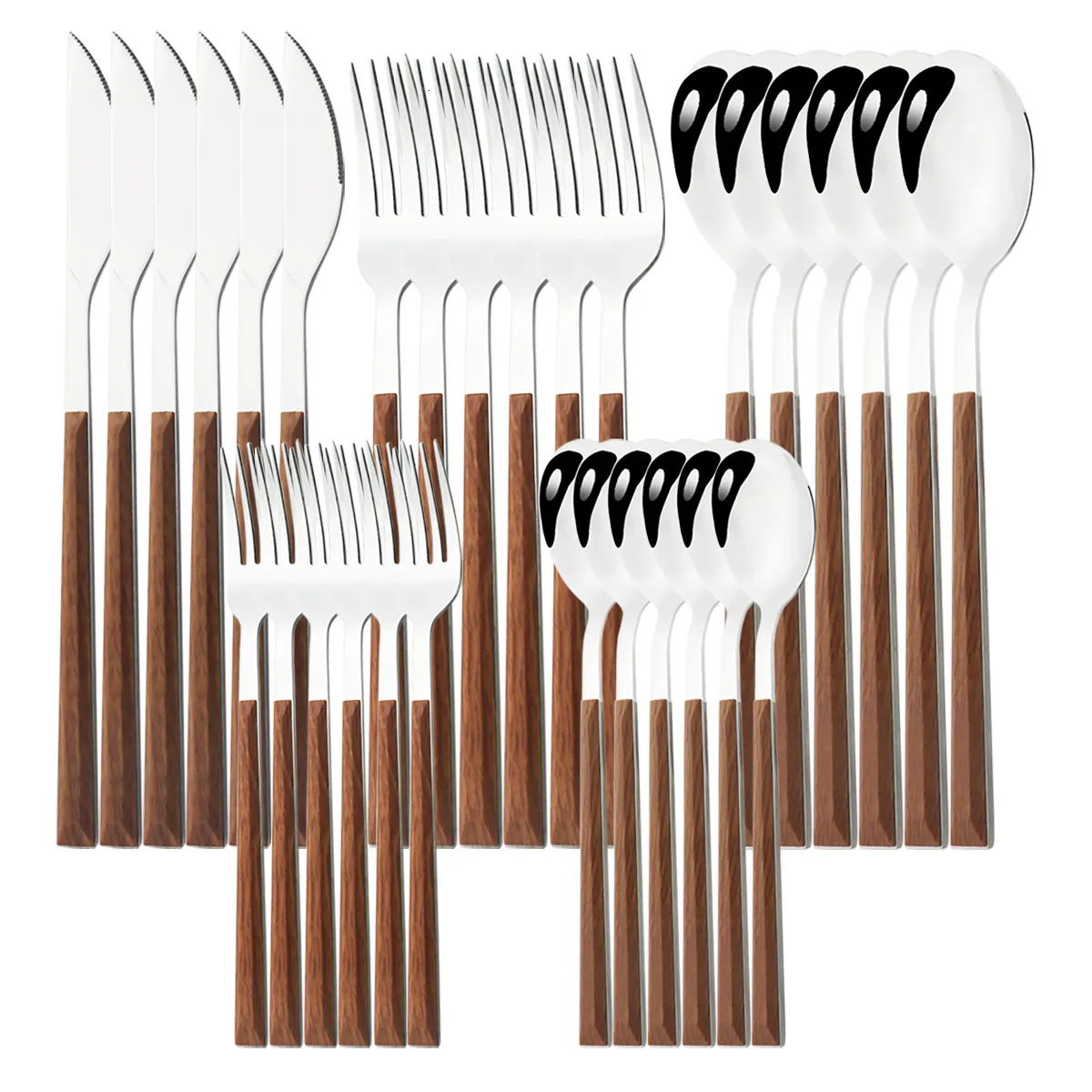 Zestawy naczyń obiadowych 24/30 imitacja drewniana uchwyt zestawu stołowego Zestaw sztućców ze stali nierdzewnej nóż łyżki noża srebrne oprogramowanie Western Flatware 230518