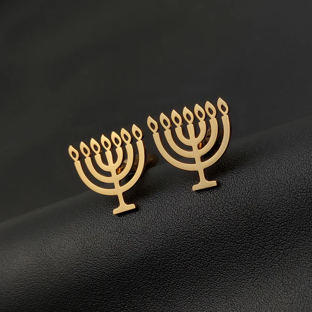 Jewish Menorah Cufflinks Religious Amulets Shirts Twins Stainless Steel Men Jewelry Vintage Buttons Wedding Gifts For Husband