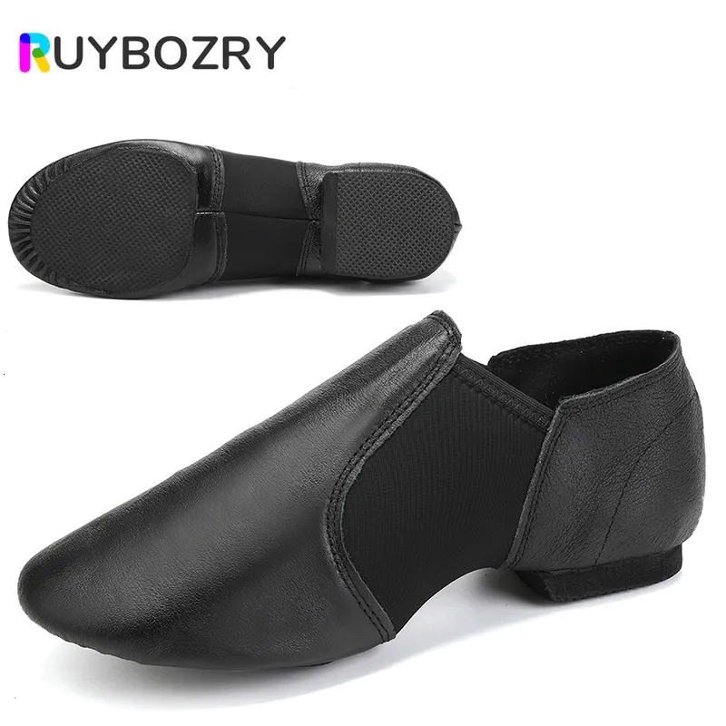 Dance Shoes RUYBOZRY Genuine Leather Jazz Dance Shoes Tan Black Antiskid Sole Jazz Shoes Toddler Girls Woman Gymnastics Unisex Slip On Jazz 230518