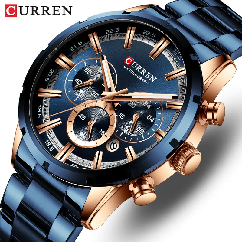 腕時計カレンメンズはトップブランドの高級スポーツクォーツメンズウォッチフルスチールウォータープルーフクロノグラフ腕時計のメン