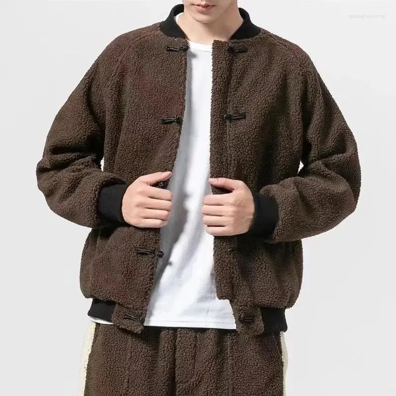 Männer Trainingsanzüge Zweiteiliges Set Männer Chinesischen Stil Tang Winter Dicke Baseball Uniform Baumwolle Jacke Plue Größe Vintage Lamm Wolle Mantel Hosen