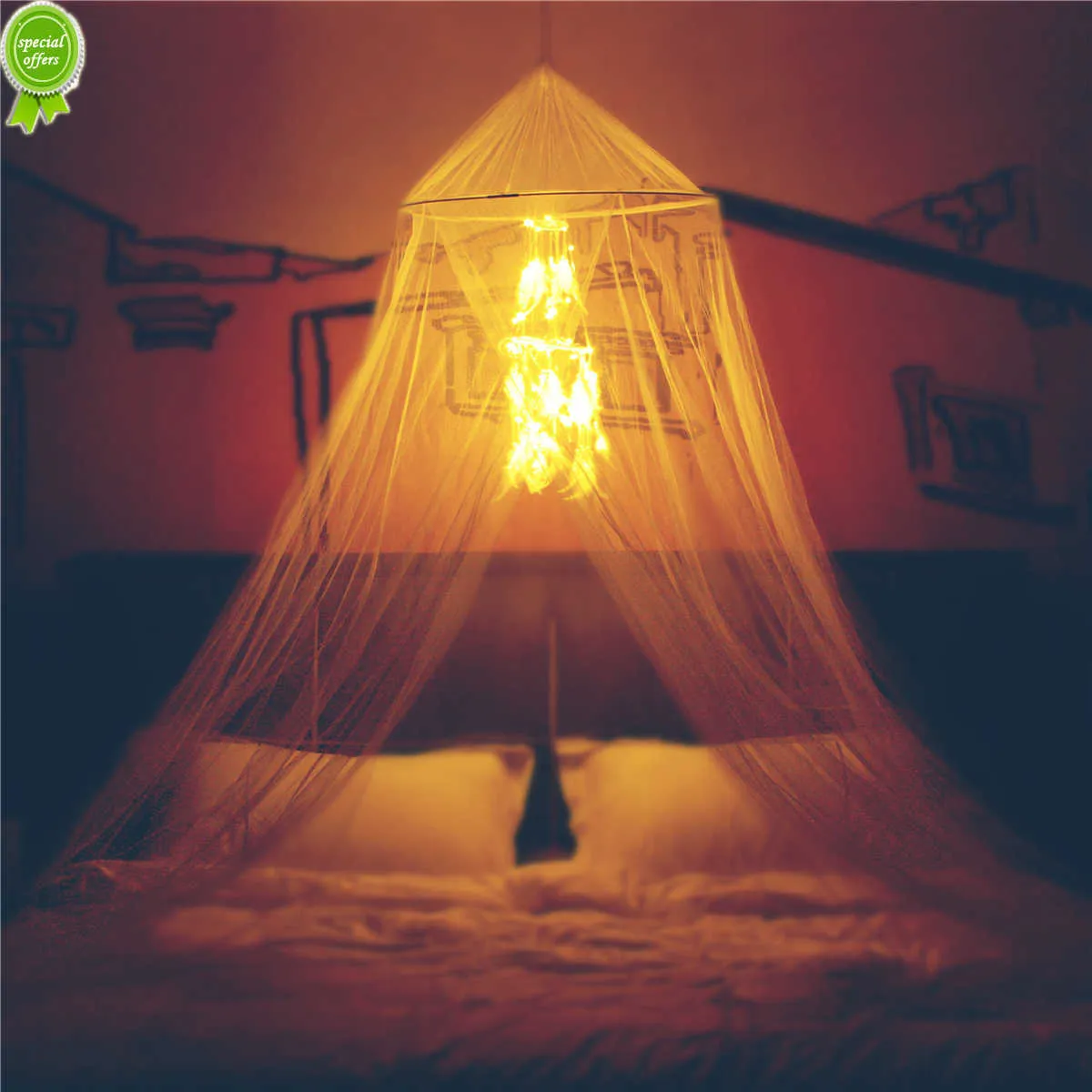 Canopy de cama nova com apanhador de sonho de penas brancas de círculo duplo e 50 luzes de fada de fadas LED Mosquito cúpula cúpula cortinas de cama de dossel
