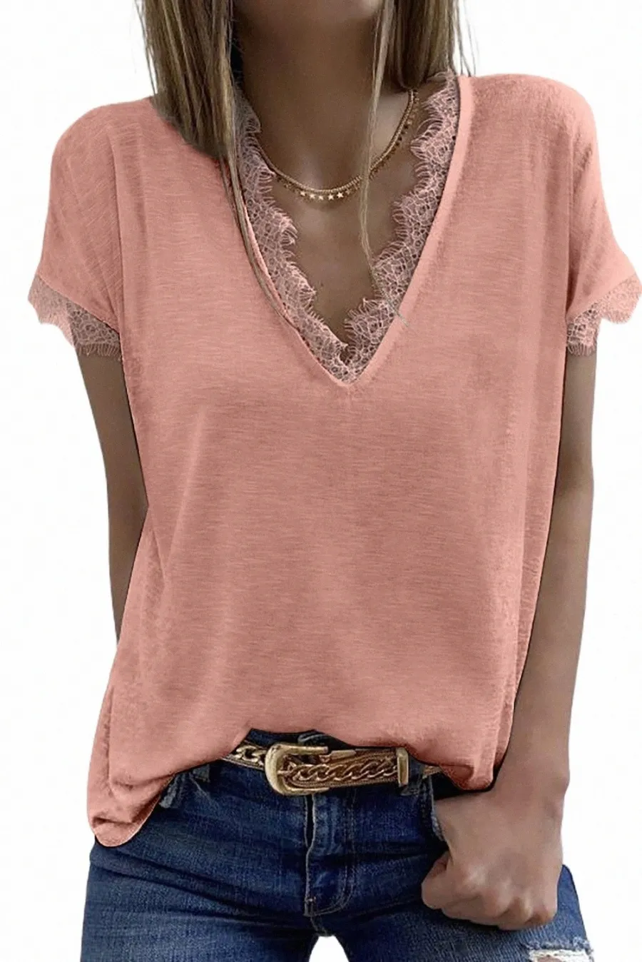 Top a maniche corte con scollo a V in pizzo rosa 2023 Hot New s5l9 #