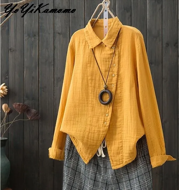 Женские блузкие рубашки yoyikamomo Vintage Mori Girl Tops Осень хлопок Большой рубашка твердый цвет свободная женская модная блузка 230517