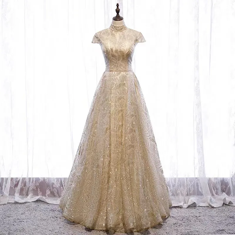 Элегантная золотая мама невесты платья аппликациям бусинки шнурок с задним полом.