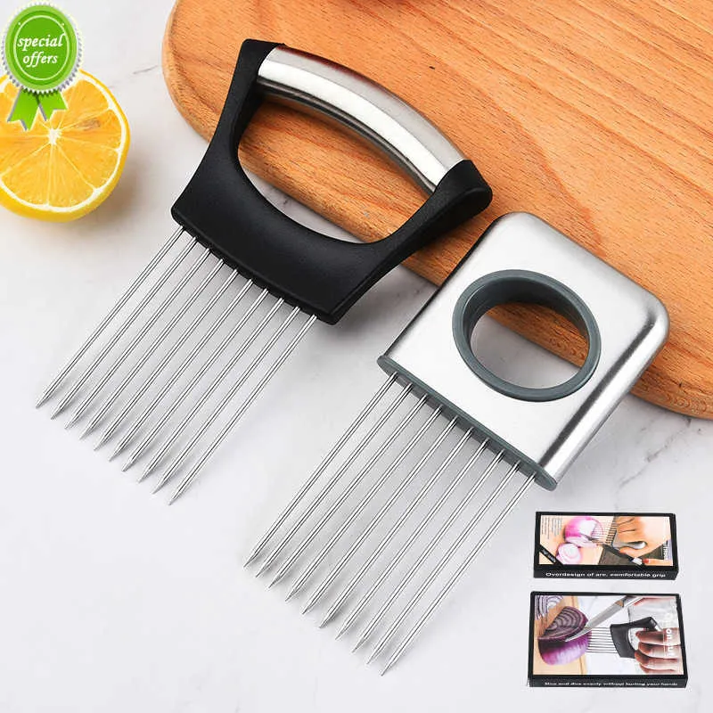 New Stainless Steel Onion Needle Onion Fork Vegetable Fruit Slicer Tomato Cutter Safe Slicing Tool Rack Kitchen Accessories Tools