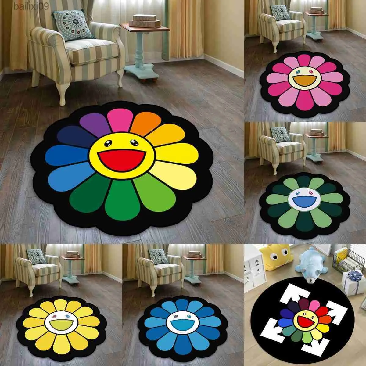 Carpets Sun Flower Smiley Round Carpet for Bedroom Bedside Living Room Area Rug Lint-free Doormat Chair Mats Fashion Floor Mat Anti-skid T230519