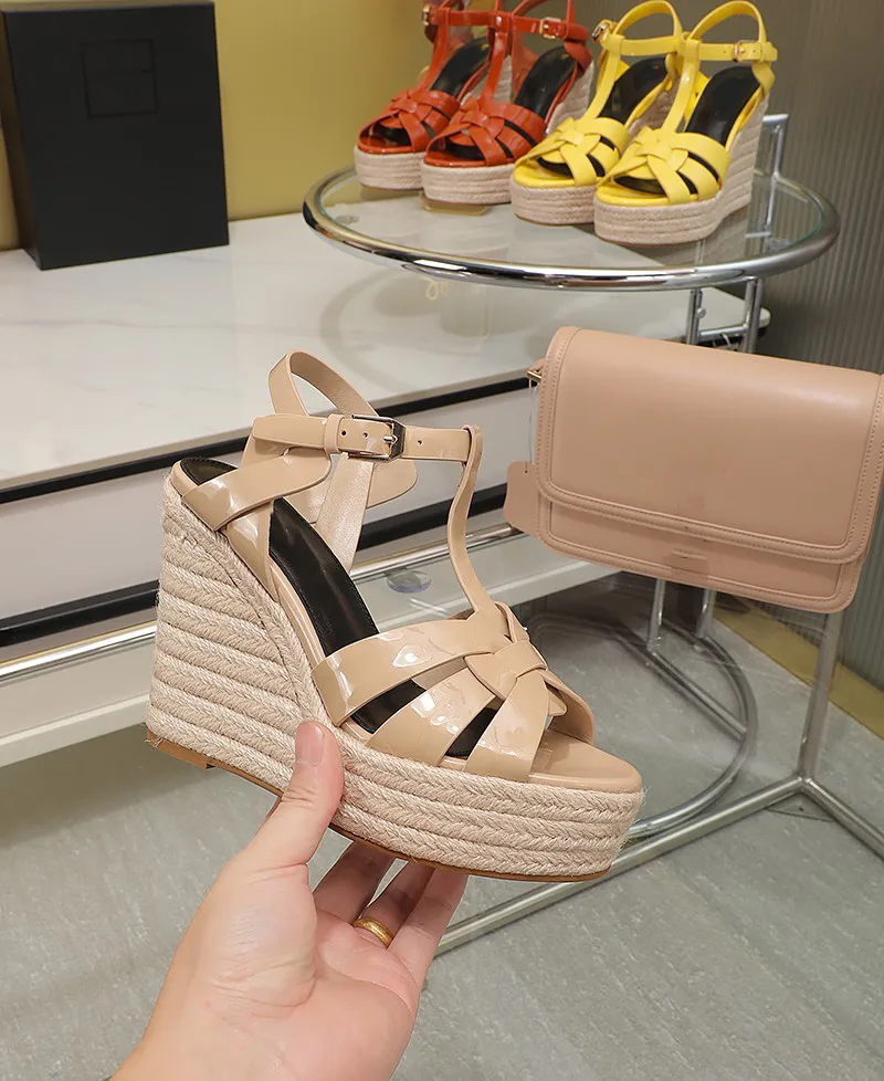 2023 Womens High Heel Tan Leather Wedge Sandals With Thick Bottom