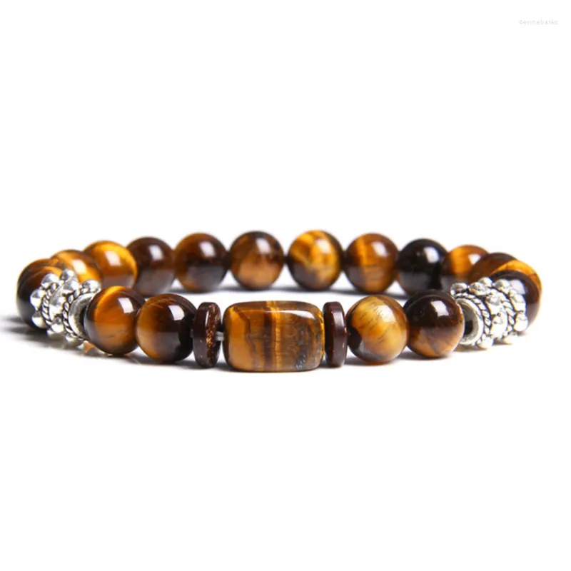 STRAND SILLATE RECHTANGELLANT Sluit Tiger Eye Stone Round kralen Elastische armband Trendy sieraden