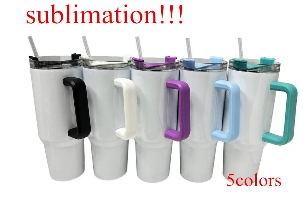 Sublimation Gobelet réutilisable de 40 oz avec poignée colorée Couvercle étanche Tasse en acier inoxydable Tasse de voyage isolée Tasse à café POIGNÉE peut être retirée avant la sublimation