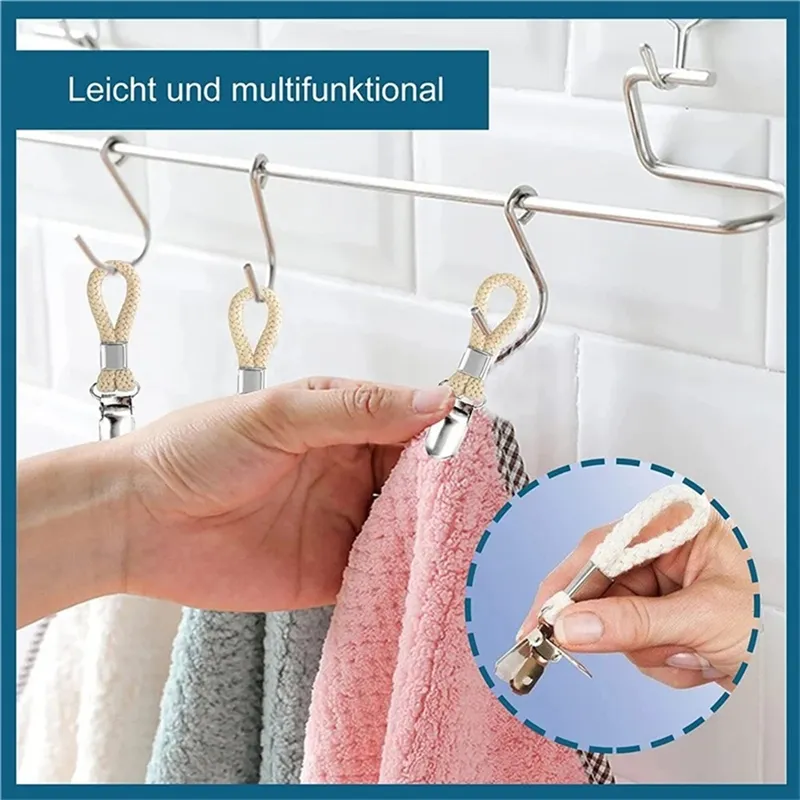 Bathroom Clips Braided Cotton Loop Metal Clamp Towel Clothes Pegs Household Multipurpose Cloth Hanger Kitchen Storage Racks