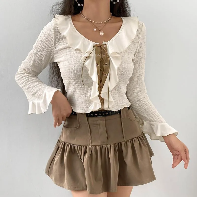 Women's Blouses & Shirts Women Drawstring Lace-up Front Shirt Autumn Spring Casual Ladies Girls Round Collar Long Ruffle Sleeve Cropped Tops