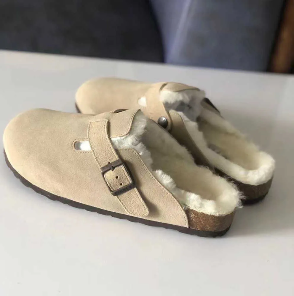 Chaussures Baotou Boston Shearling Sandals fourrure mule pantoufle Designer Suede Leathe Pantoufles Wook Fur Cork Flat Slides Mode Arizona Mayari hommes femmesSandal Taille 36-45