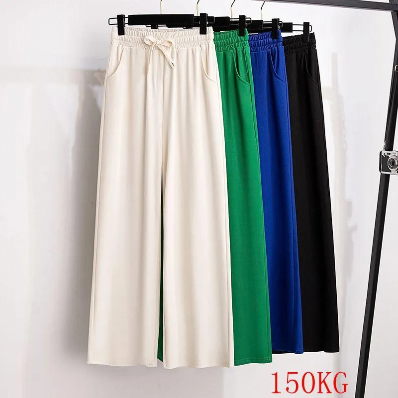 Capris Summer New Wide Leg Pants 150kg 8xl 7xl 6xlファッションレディース薄いハイウエストルーズソリッドカラーストレートカジュアルパンツ