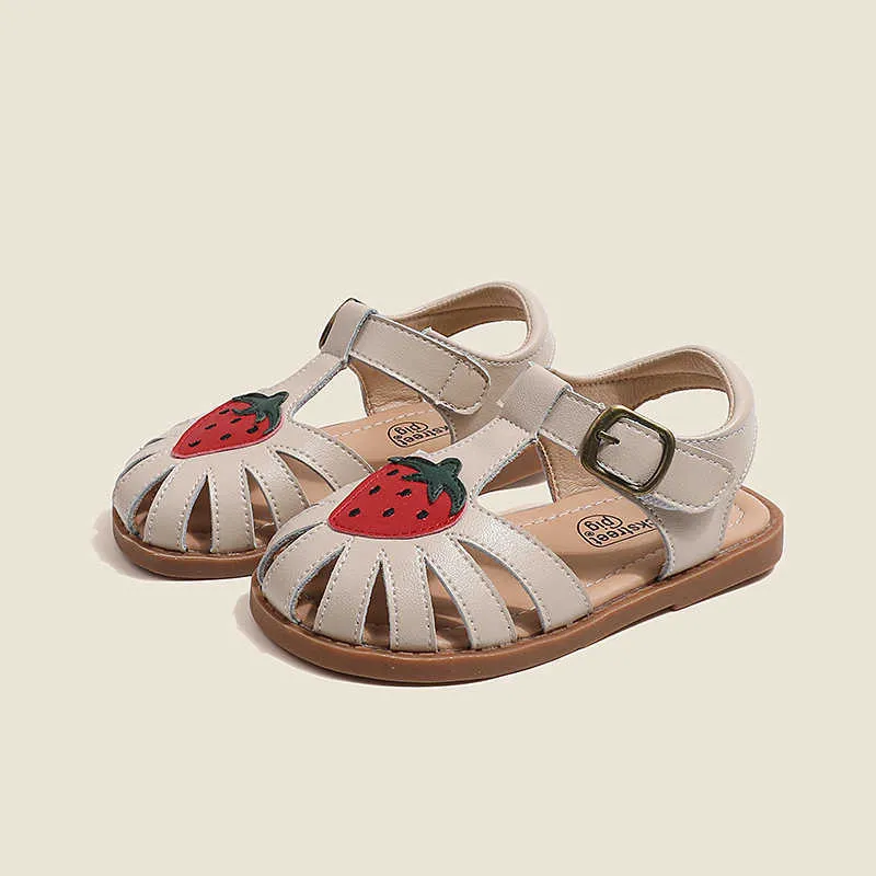 Sandalen Zomer Babymeisjes Sandalen Echt lederen Cartoon Strawberry Kinderen Beach Sandalen Cowhide Non-Slip Sole Kinderschoenen AA230518