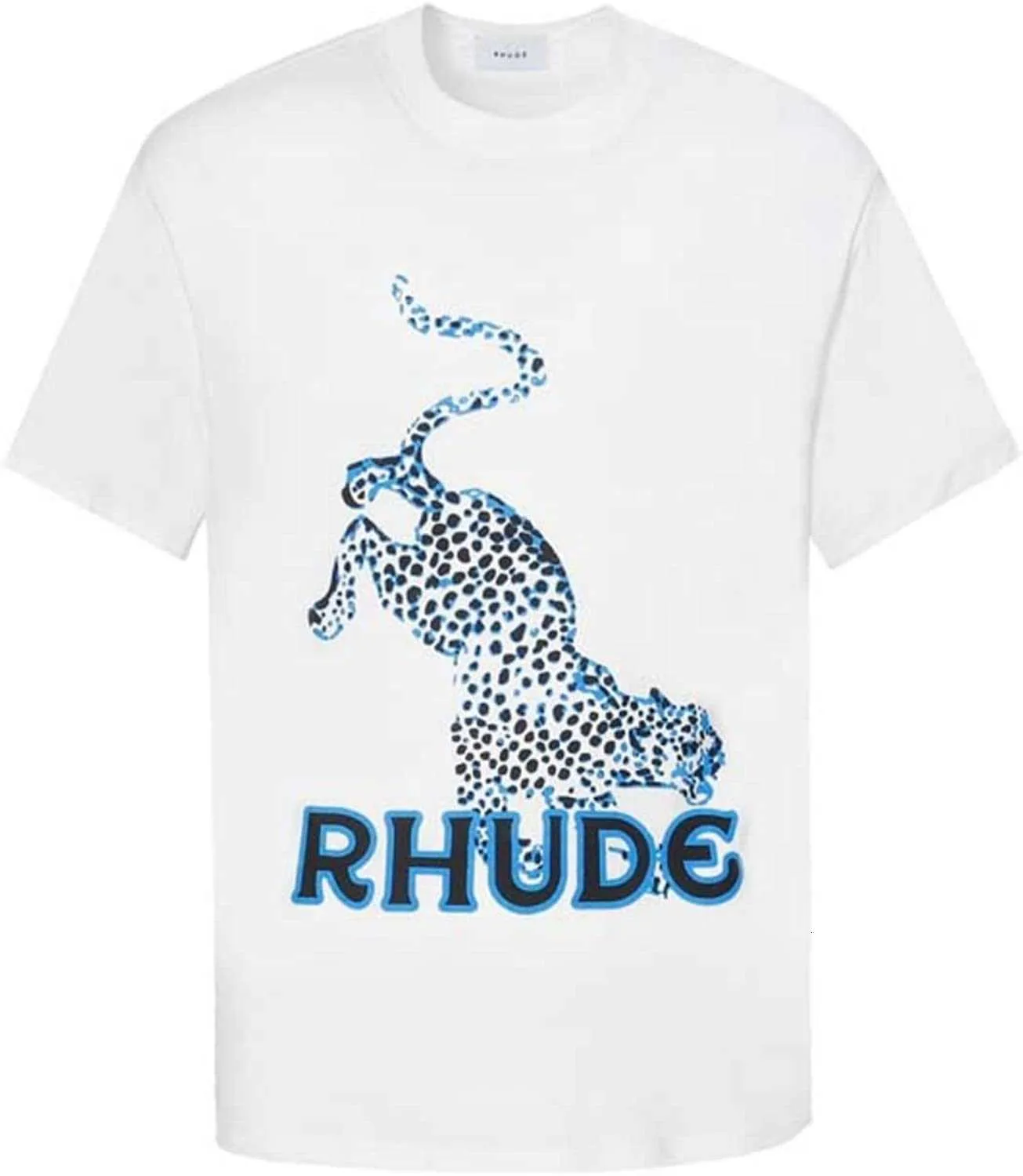 Футболка с мужской футболкой Rhude Mens Summer Fashion Fashion Cotton футболка Spotted Leopard Letters Casual High Street Рубашка с коротким рукавом для мужчин и женщин с той же рубашкой.