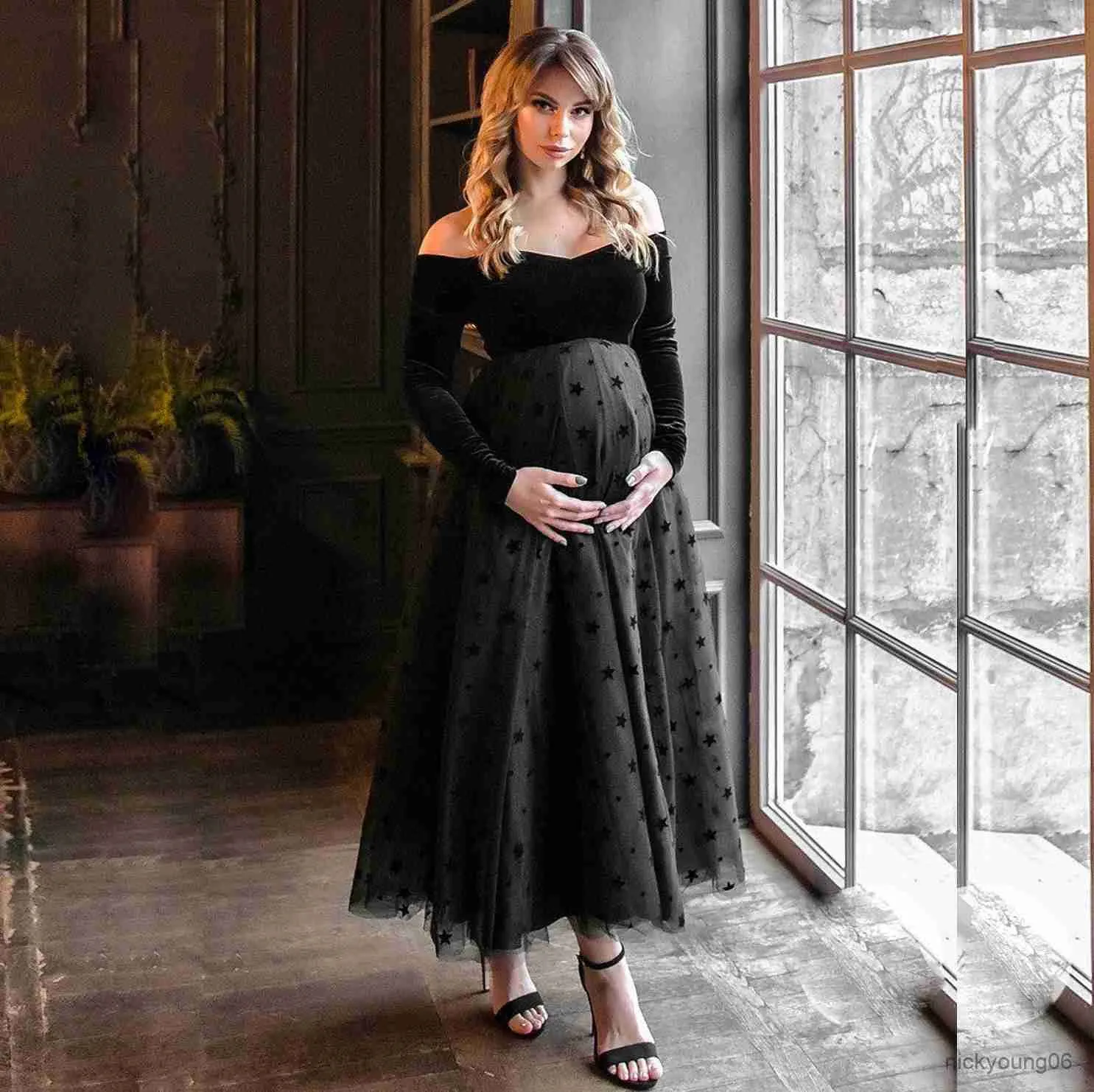 Schwarzes Umstandskleid für Fotoshootings, langärmlig, schwarz, Fotografie-Kleider, Schwangerschaftskleid R230519