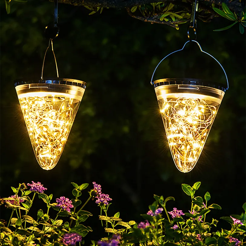 Hanging Lamp Garden Licht Lantaarn Buiten Decoratie Zonne-verlichting Kegelvorm Lichten Warm Witte LED String Flitsende waterdichte boom Camping Yard Post Hek