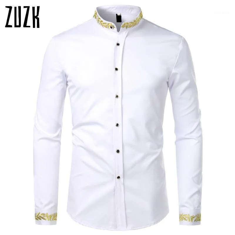 Camisas casuais masculinas Bordado de ouro Branco branco Men Stand Collar Mass Dress Slim Slave Longa Chemise Homme Camisa Masculina