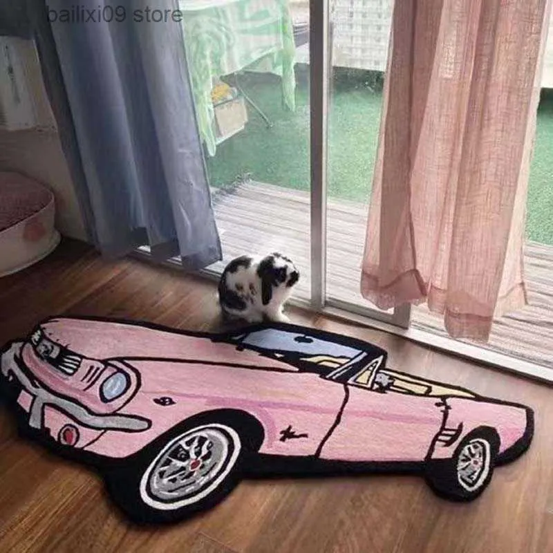 Cute Car Shape Flocking Plush Rug For Kids Anti Slip Super
