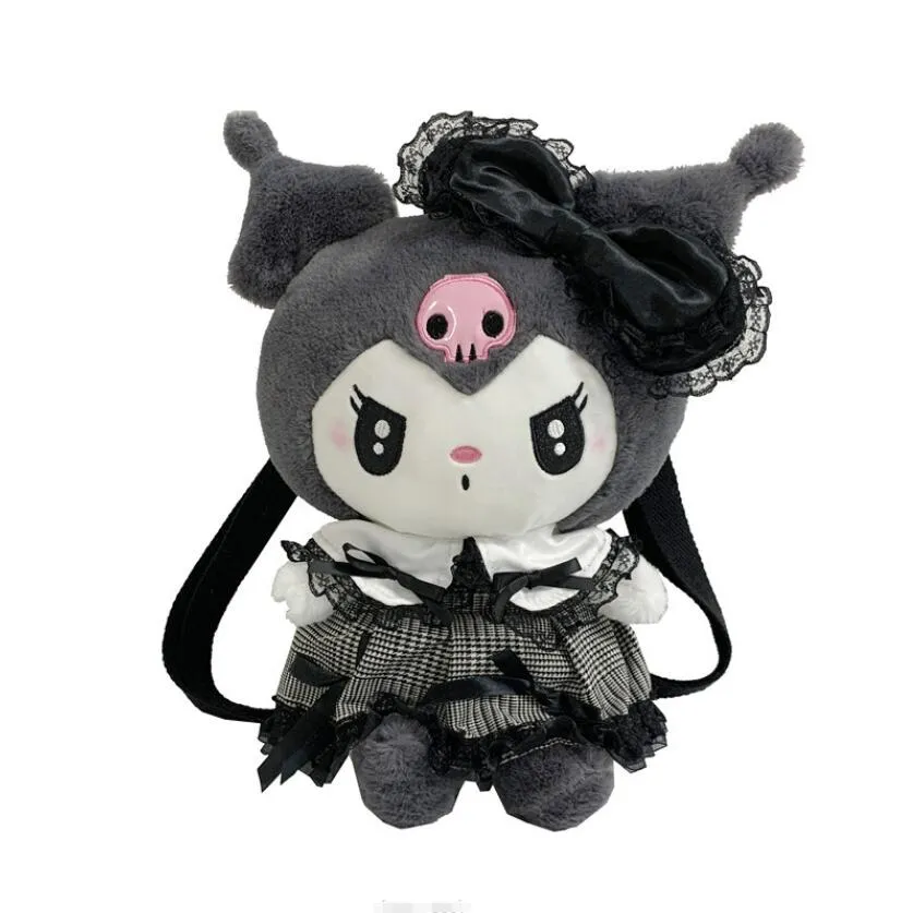 Zaino in peluche Kawaii nero Kuromi Borsa a tracolla doppia con cerniera morbida in peluche Borsa da scuola per bambini Regalo di compleanno