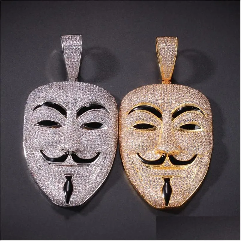 Anhänger Halsketten Große Größe Maske von V für Vendetta Hip Hop FL Iced Out Zirkonia Halskette Kette Männer Mode Hiphop Schmuck Drop Dhnky