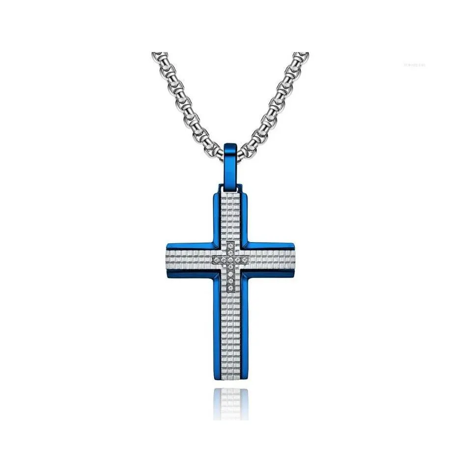 Pendant Necklaces Artistic Jewelry Wholesale Engrave Cnc Inlaid Zircon Stainless Steel Blue Layer Plaid Men Cross Necklace Drop Deli Dhzaj