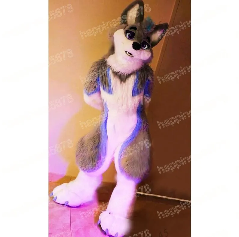 Halloween Long Fur Husky Dog Mascot Costuums Unisex Cartoon Character Outfit Pak volwassenen Maat Verjaardagsfeestje Outdoor Festival Jurk