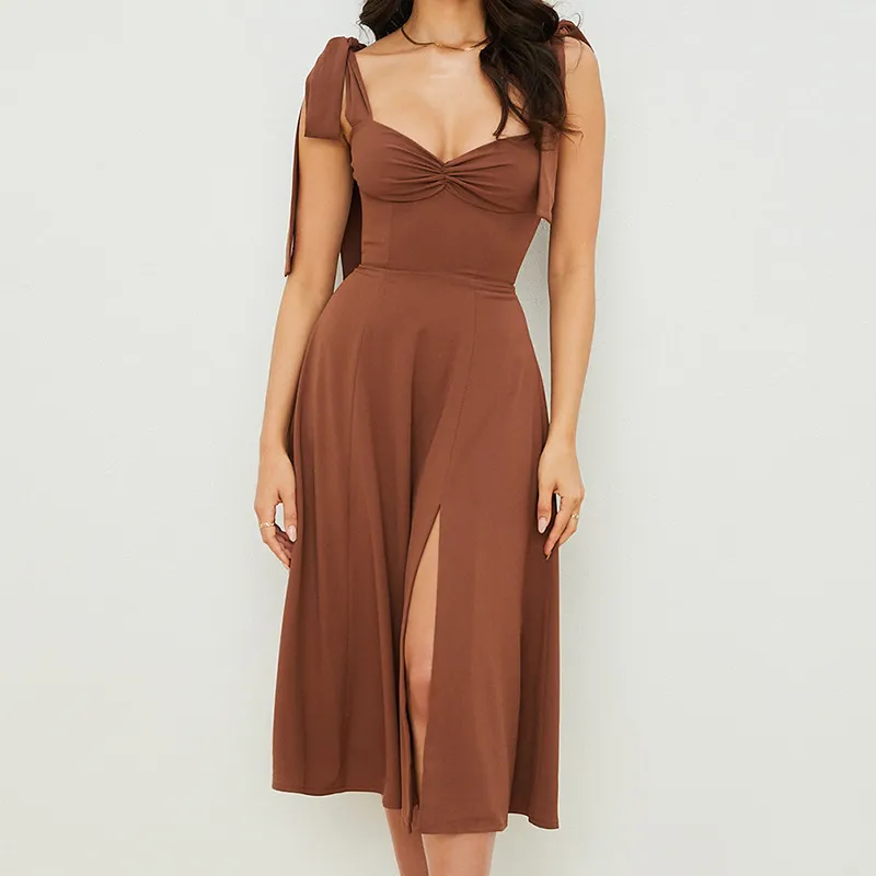 Casual Dresses Suspender Solid Color Dress 2023 Summer Slit A-line kjol