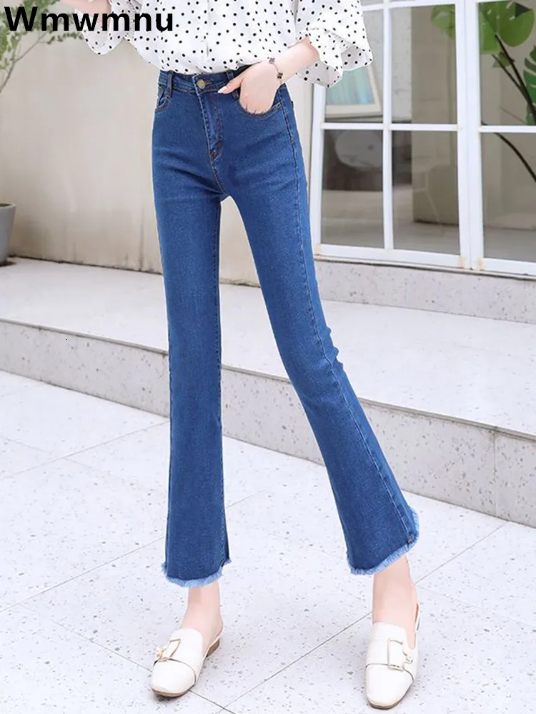 Kvinnors jeans koreanska sommaren hög midja slim flare jeans kvinnor avslappnad elegant ankel längd denim byxor söta vaqueros stretch jeansy pantalones 230519