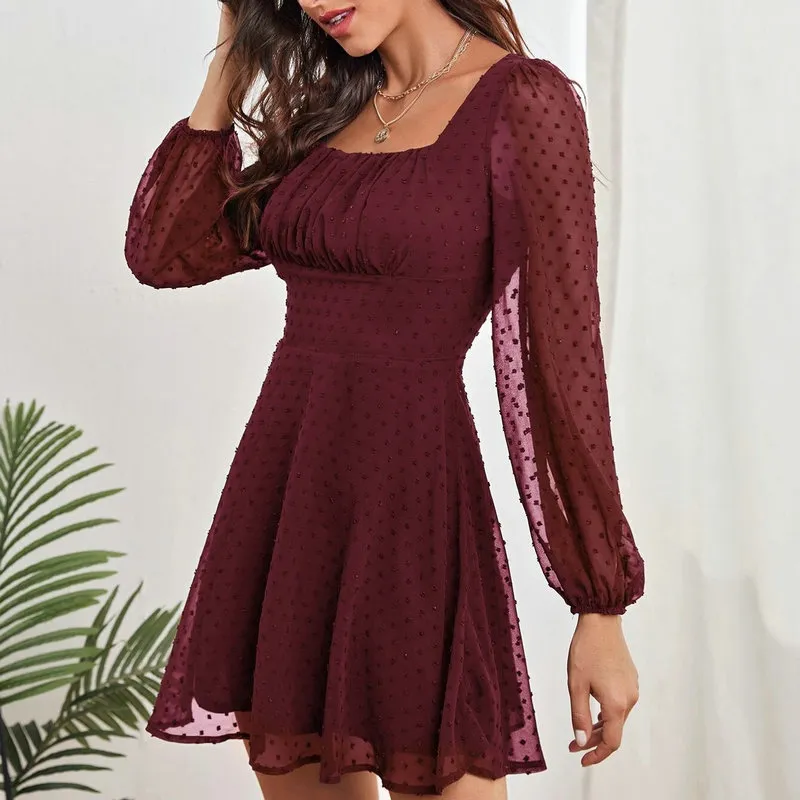 Knee Length Burgundy Cute Casual Dress Maroon Black Chiffon Long Sleeve A  Line Dress For Women