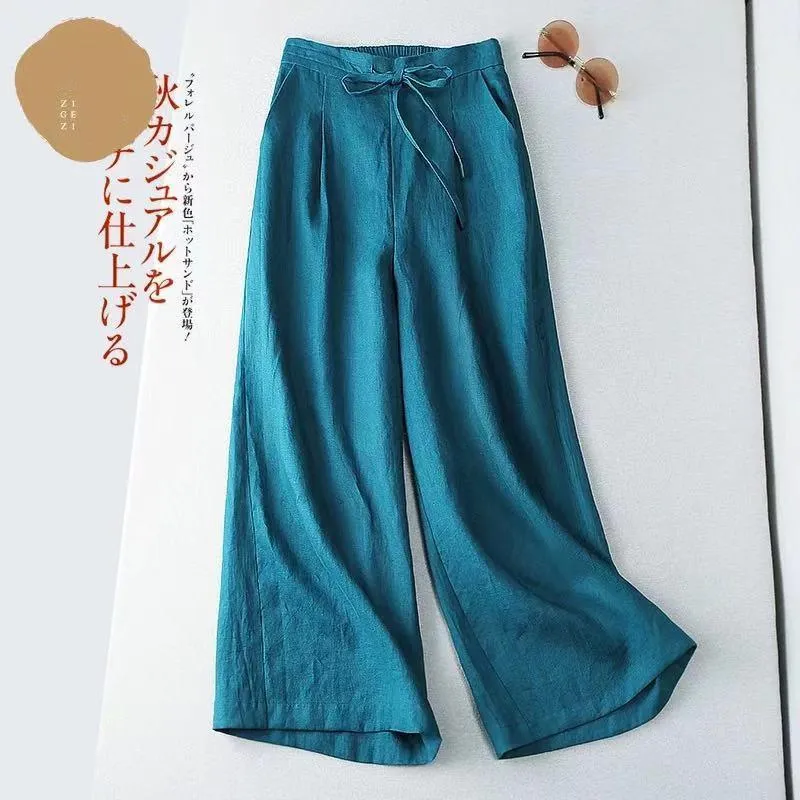 Capris Wide Leg Cotton Linen Calf Length Pants SummerWomen's Oncounsers 2022女性フレアバギー服高品質のソリッドベージュブルー