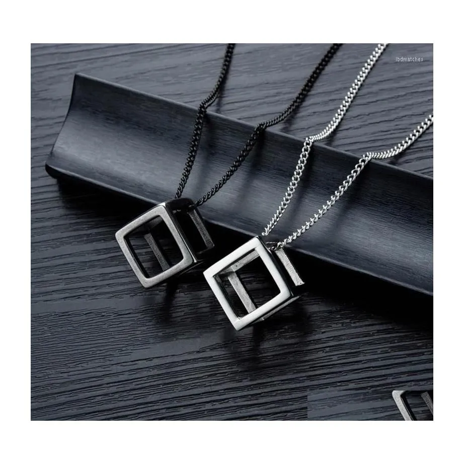 Pendentif Colliers Minimaliste Géométrique Creux Cube Collier Cool Hommes Hip Hop Titane Chaîne Pour Homme Femme Bijoux Accessoires Dro Dhvdu